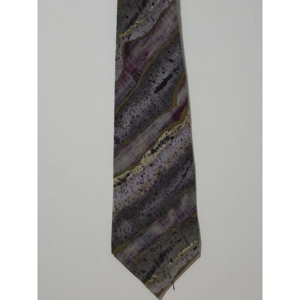Meeting Street‎ Mens Silk Crepe Tie Abstract Splatter Stripe Purple Grey USA